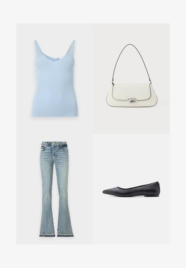 Débardeur à rayures bleu clair avec un décolleté en V profond et des bretelles larges, fabriqué dans un matériau doux et extensible. Présente une silhouette ajustée.; Jean en denim bleu clair évasés, taille haute, coutures définies et ourlet effiloché. Le matériau paraît doux avec un design classique à cinq poches.; Chaussure plate en cuir noire à bout pointu avec petit talon, vue de profil sur fond blanc.; Sac à main en cuir blanc avec un design courbé, des coutures noires contrastantes, et un fermoir en métal argenté arborant le logo Calvin Klein.