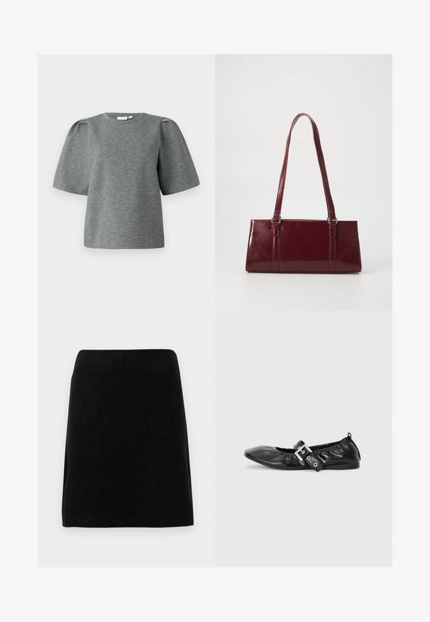 Hall hõlmikuga hall topp, mis on valmistatud pehmest kangast, ümarate kaelustega ja kergelt puffitud varrukatega, et lisada volüümi. Sile tekstuur ilma mustriteta.; Musthave must Kleid, mis on valmistatud pehmest kangast, sirge lõikega ja viimistleme vöökohaga, ilma nähtavate kinnihoidjate või mustriteta.; Must musta lamega, millel on terav nina, kokkukogutud detailid avause ümber ja hõbedane pandla aktsent reguleeritaval rihmal.; Burgundia värvi käekott, mis on valmistatud läikivast materjalist, ristküliku kujuline, kahe õlapaelaga ning ees on peened kaarjad aktsendid.