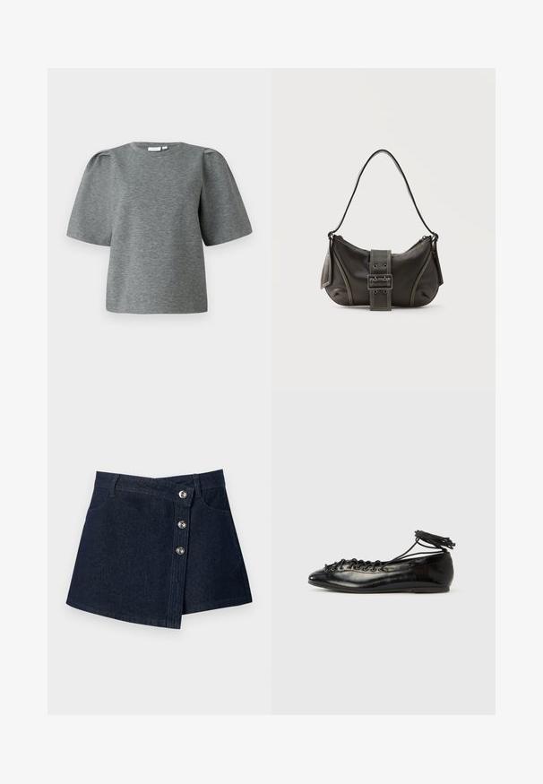 Grå kortærmet top lavet af blødt stof, med rund halsudskæring og let puffede ærmer for ekstra volumen. Glat tekstur uden mønstre.; Mørkeblå denim mininederdel med asymmetrisk front, sølvfarvede knapper, bæltestropper og forlommer på ensfarvet baggrund.; Sorte balletflade sko i laklæder med rundet tå, snørelukning og flad sål. Glat tekstur med få detaljer.; Sort læder skuldertaske med spænde på remmen, afrundede kanter og kontrasterende hvide syninger på en ensfarvet baggrund.