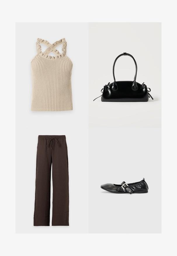 Débardeur beige côtelé avec un col à volants et des bretelles croisées, présentant une silhouette ajustée et un tissu texturé.; Pantalon marron à jambes larges avec des fines rayures verticales, taille élastique et cordon de serrage à l'avant sur un fond clair uni.; Chaussure plate en cuir noir avec un nez pointu, des détails froncés autour de l'ouverture et un accent en boucle argentée sur la bride ajustable.; Petit sac à main noir brillant avec deux longues anses et des détails à cordon sur les côtés sur un fond clair uni.