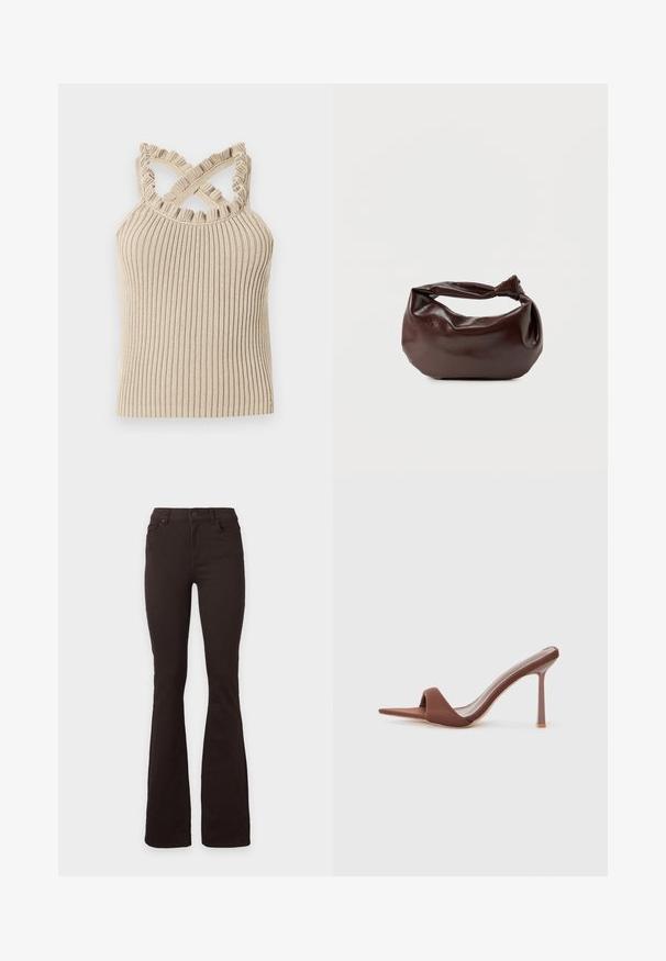 Débardeur beige côtelé avec un col à volants et des bretelles croisées, présentant une silhouette ajustée et un tissu texturé.; Jean bootcut noir taille haute avec fermeture à bouton et zip, poches avant et arrière, présenté sur un fond blanc uni.; Sandales à talons marron avec un bout pointu, fabriquées en tissu lisse. Présentent un design minimaliste avec un haut talon aiguille et un dos ouvert.; Sac bandoulière en cuir marron foncé avec une forme souple et décontractée et une anse nouée torsadée sur un fond blanc uni.