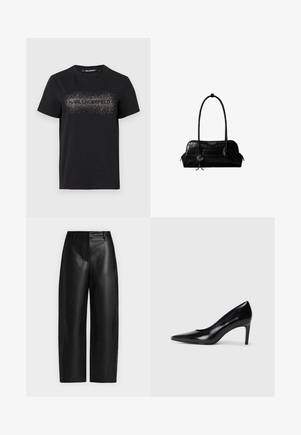 Μαύρο βαμβακερό T-shirt με υφασμένη σχεδίαση και μεταλλικές λεπτομέρειες που απεικονίζουν τη λέξη "KARL LAGERFELD" μπροστά.; Μαύρο παντελόνι από συνθετικό δέρμα με ψηλή μέση, φαρδιά πόδια, θηλιές για ζώνη και κρυφό μπροστινό κλείσιμο σε απλό ανοιχτό φόντο.; Μαύρο δερμάτινο ψηλοτάκουνο παπούτσι με μυτερή μύτη, λεία υφή και κοφτό τακούνι. Μινιμαλιστικός σχεδιασμός, χωρίς επιπρόσθετες διακοσμήσεις.; Μαύρη δερμάτινη τσάντα ώμου με υφή κροκοδείλου, μακριά λουριά και μικρό ασημένιο λογότυπο σε ένα από τα λουριά.