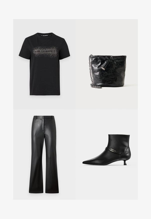 Μαύρο βαμβακερό T-shirt με υφασμένη σχεδίαση και μεταλλικές λεπτομέρειες που απεικονίζουν τη λέξη "KARL LAGERFELD" μπροστά.; Μαύρο δερμάτινο παντελόνι με λεία υφή, φαρδύ σχέδιο και μέση μεσαίου ύψους που διαθέτει θηλιές ζώνης και μπροστινές τσέπες.; Μαύρο δερμάτινο μποτάκι αστραγάλου με μυτερή μύτη, χαμηλό τακούνι τύπου kitten heel και λεπτό λουράκι με μικρή μεταλλική λεπτομέρεια λογοτύπου.; Μαύρη γυαλιστερή δερμάτινη τσάντα-κουβάς με κλείσιμο κορδονιού και μεταλλικό ιμάντα αλυσίδας σε απλό φόντο.