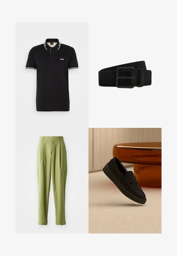 Zwarte polo met een klein wit logo. Heeft twee knopen, een contrasterende kraag en mouwstrepen in het wit. Gemaakt van zachte stof.; Lichtgroene broek van een gestructureerde stof, met een rechte pasvorm, plooien aan de voorkant en een standaard tailleband.; Zwarte instapschoen met dikke zool zwevend boven beige tapijt, met een moderne ronde bruine tafel op de achtergrond.; Zwarte suède riem met matzwarte rechthoekige gesp en een lus met subtiele rode stiksel en geperst merk.