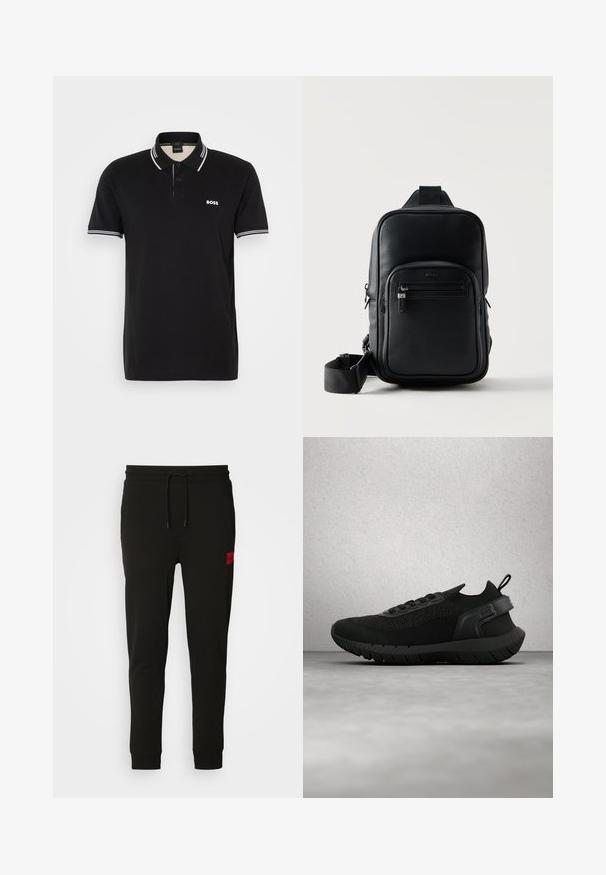 Zwarte polo met een klein wit logo. Heeft twee knopen, een contrasterende kraag en mouwstrepen in het wit. Gemaakt van zachte stof.; Zwarte sweatpants van zacht stof, met een koord in de taille, een slim fit en een rood logopatch op de linker dij.; Zwarte sportschoen met een textuur mesh bovenwerk, rubberen zool en een trekkoord aan de hiel. Heeft een gestroomlijnd ontwerp en veters.; Zwarte, gestructureerde leren crossbodytas met voorvak met rits, verstelbare band en subtiel merklogo op een witte achtergrond.