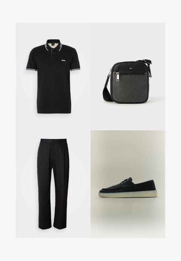 Zwarte polo met een klein wit logo. Heeft twee knopen, een contrasterende kraag en mouwstrepen in het wit. Gemaakt van zachte stof.; Zwarte broek met een rechte snit, gemaakt van lichtgewicht stof. Heeft een frontale knoopsluiting en twee zijzakken; gladde textuur.; Zwart leren casual bootschoen met witte rubberen zool en veters aan de voorkant, weergegeven op een neutrale achtergrond in zijaanzicht.; Zwarte schoudertas met synthetisch leer en patroonstof. Voorzien van een ritssluiting, verstelbare riem en logo-detail aan de voorkant.