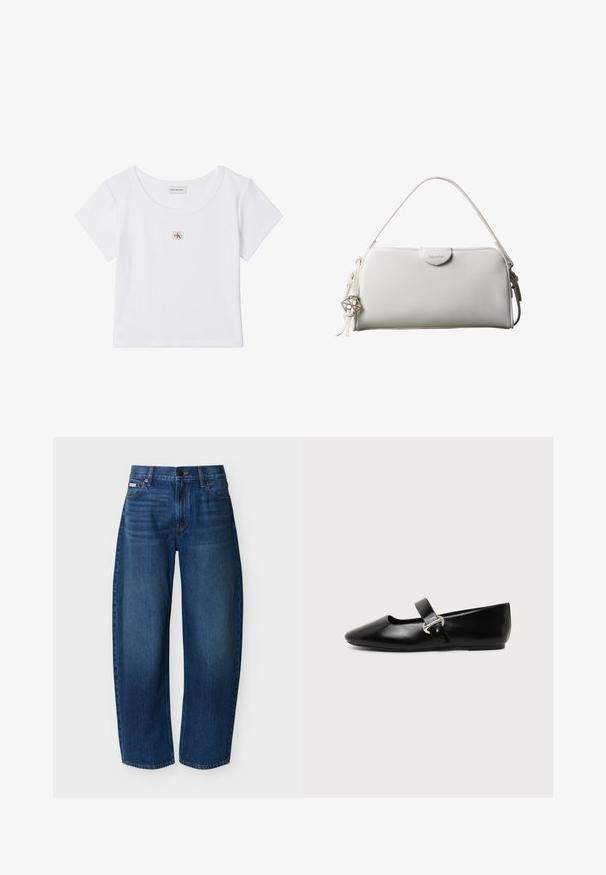 Hvid cropped t-shirt med korte ærmer, rund halsudskæring og lille firkantet Calvin Klein Jeans-logo på midten foran.; Mørkeblå jeans med høj talje og lige ben, forlommer, bæltestropper, knaplukning og diskret falming på lårene.; Sort læder Mary Jane-flad sko med rundet tå og sølvspænde på ensfarvet baggrund.; Hvid rektangulær Calvin Klein håndtaske med enkelt håndtag, minimalistisk design og dekorative kvaster med geometrisk metalvedhæng på siden.