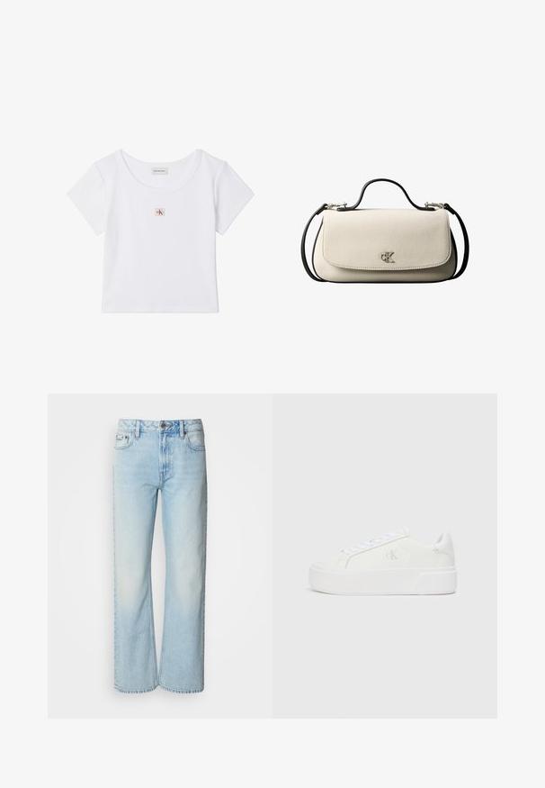 Hvid cropped t-shirt med korte ærmer, rund halsudskæring og lille firkantet Calvin Klein Jeans-logo på midten foran.; Lyseblå brede jeans lavet af denim med et klassisk fem-lomme design og en subtil falmet tekstur. Denim-syninger er synlige.; Hvide platform sneakers med en glat læderoverdel, rund tå, hvide snørebånd og diskret logo-detalje på siden. Flad gummisål.; Cremefarvet rektangulær håndtaske med sort rem og håndtag, foran klaplukning samt lille sølvfarvet "cK" logo midt foran.
