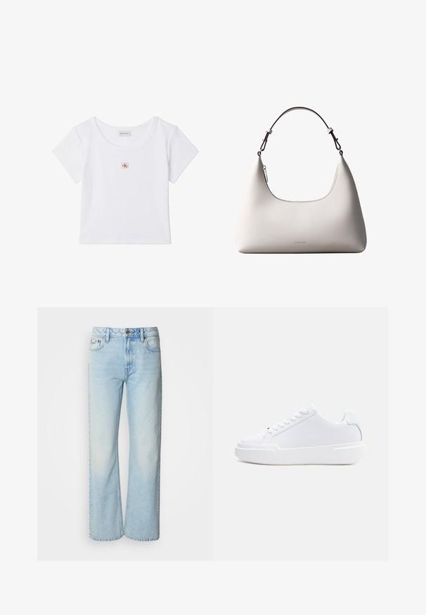 Weißes Crop-Top mit kurzen Ärmeln, rundem Ausschnitt und kleinem quadratischem Calvin Klein Jeans Logo-Patch in der Mitte vorne.; Helle blaue weit geschnittene Jeans aus Denim, mit einem klassischen Fünf-Taschen-Design und einer dezenten, gewaschenen Textur. Die Denim-Nähte sind sichtbar.; Weißer Sneaker mit niedrigem Schaft, Schnürverschluss, dicker Sohle und glattem Obermaterial, von der Außenseite vor einem einfarbigen hellen Hintergrund gezeigt.; Cremefarbene Calvin Klein Lederschultertasche mit gebogener Oberkante, silbernem Reißverschluss und dunkelbraunem verstellbarem Riemen.