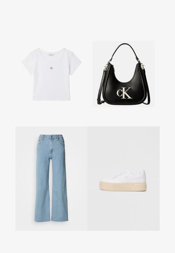 Witte korte mouw crop top met ronde hals en klein vierkant Calvin Klein Jeans-logo patch middenvoor.; Lichtblauwe wijde jeans van denim, met een aansluitende taille, vijf-pocket ontwerp en subtiele stiksels.; Witte canvas sneakers met een stevige beige platformzool, voorzien van een subtiel geborduurd logo aan de zijkant en een klassiek vetersluiting ontwerp.; Zwarte leren handtas met zilveren "cK" logo aan de voorkant, met korte handgreep en langere verstelbare schouderriem.
