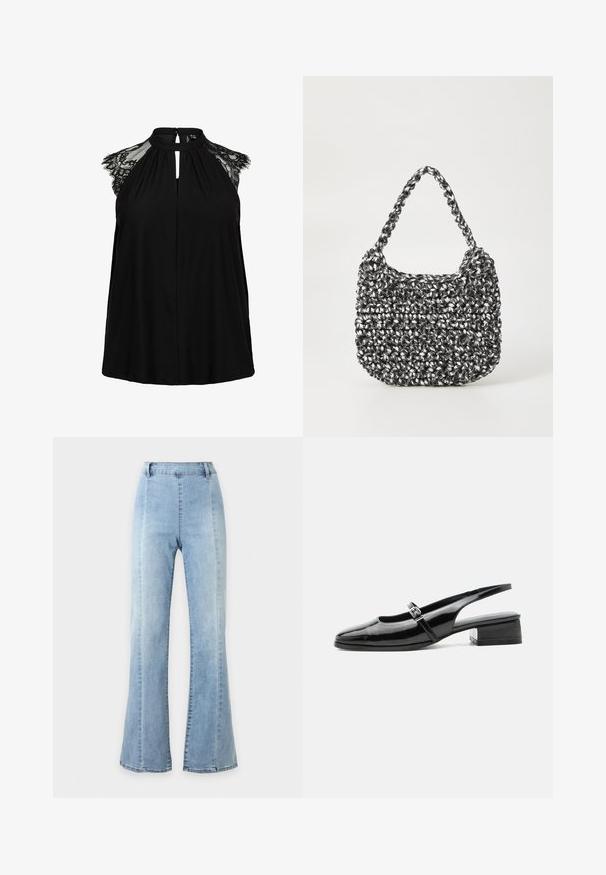 Haut noir sans manches avec manches courtes en dentelle, col montant avec fermeture à bouton, et détail à découpe en forme de goutte à l'avant.; Jean flare en denim bleu clair à taille haute, avec un design simple et des passants pour ceinture, présenté sur un fond blanc uni.; Chaussure slingback en cuir verni noir avec un petit talon bloc et une fine bride avec une boucle argentée sur le dessus.; Sac en osier noir et blanc de forme arrondie, avec une surface texturée et une poignée tressée. Convient à un usage décontracté.