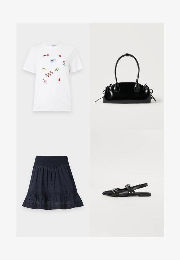 Λευκό T-shirt με μικρά κεντημένα σχέδια από κόκκινα γυαλιά ηλίου, φράουλες, μια κούπα καφέ, ψωμί, μια κληματίδα ντομάτας, μισό αβοκάντο, λουλούδι και μπολ για επιδόρπιο.; Μπλε ναυτικό φούστα μέχρι το γόνατο με ελαστική ραμμένη ζώνη, διακριτικό πουά μοτίβο και βολάν στο τελείωμα.; Even&Odd by Zalando Μπαλαρίνες με λουράκι στον αστράγαλο - black; Μικρή μαύρη γυαλιστερή τσάντα με δύο μακριές λαβές και λεπτομέρειες με ρυθμιζόμενο κορδόνι στο πλάι σε απλό ανοιχτό φόντο.