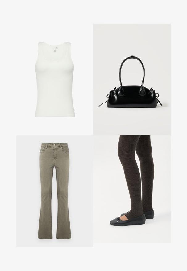 Débardeur blanc en coton côtelé, avec un col en dentelle à volants, une coupe ajustée, et une étiquette sur le côté avec les détails de taille.; Jean droit vert olive avec fermeture à boutons sur le devant, passants pour ceinture et design cinq poches, présenté sur un fond uni.; Jambes portant des leggings côtelés foncés associés à des ballerines noires avec de petits détails en nœud sur fond blanc.; Petit sac à main noir brillant avec deux longues anses et des détails à cordon sur les côtés sur un fond clair uni.