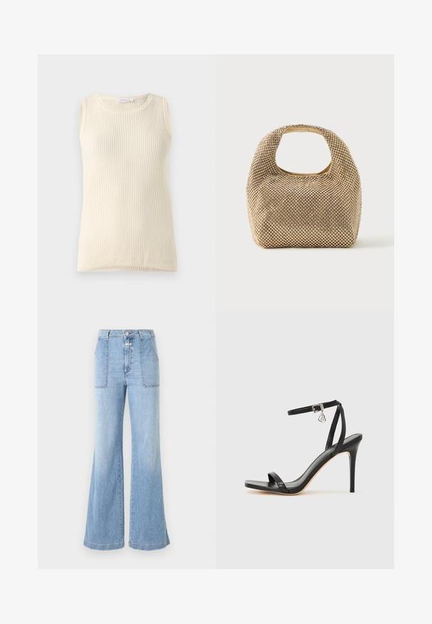 Ärmløs cremefarvet top med ribbet tekstur og rund halsudskæring. Stoffet ser blødt ud, med en tætsiddende form og ingen synlige mønstre eller accenter.; CLOSED ARIA - Flared jeans - light blue; Sort hæl-sandal med smal ankrem, firkantet tå-boks, glat lædermateriale og metalspænde som pynt.; Lille håndtaske i guldtone dækket af skinnende runde nitter med kort håndtag og rektangulært udskåret hul øverst.