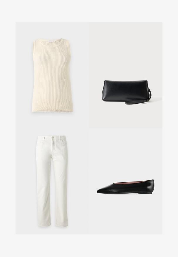 Ärmløs cremefarvet top med ribbet tekstur og rund halsudskæring. Stoffet ser blødt ud, med en tætsiddende form og ingen synlige mønstre eller accenter.; Hvide jeans med lige ben, frontknap og lynlåslukning, bæltestropper og forlommer, vist mod en ensfarvet lys baggrund.; Sort damesko i læder med flad hæl og spids tå, vist fra siden på en ensfarvet lys grå baggrund.; Sort glat læder clutch taske med tyndt håndledsrem, rektangulær form og diskret præget logo centreret foran.