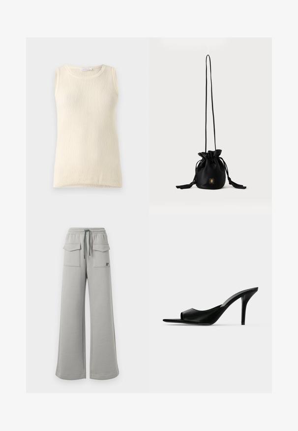 Haut sans manches crème avec une texture côtelée et un col rond. Le tissu semble doux, avec une coupe ajustée et sans motifs ni accents visibles.; Pantalon de survêtement large gris clair avec une taille élastique, cordon de serrage vert et deux poches avant plaquées. Présente le logo "BP" en noir.; Mule à talon haut en cuir noir à bout ouvert avec un talon stiletto fin, vue de profil sur un fond uni.; Sac seau noir à cordon avec une longue sangle fine et un petit logo carré doré sur le devant, présenté sur un fond uni.