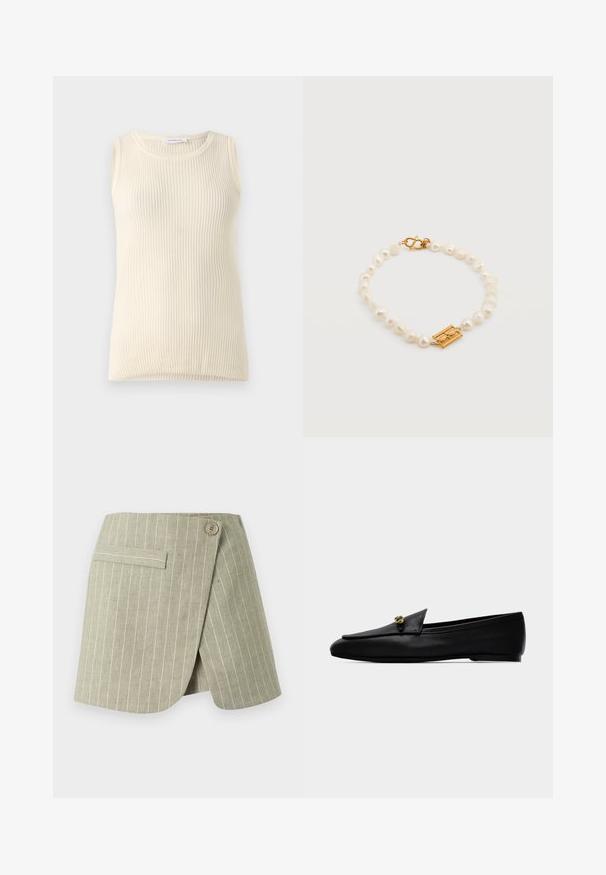 Ärmløs cremefarvet top med ribbet tekstur og rund halsudskæring. Stoffet ser blødt ud, med en tætsiddende form og ingen synlige mønstre eller accenter.; Lysebeige mininederdel med hvide nålestriber, asymmetrisk frontklap, enkelt knaplukning og en vandret skrå lomme på venstre side.; Sort læderslip-on mokasin med lav hæl og guldfarvet metalspænde på overdelen.; Perlearmbånd med uregelmæssige hvide perler og guldlås, med en lille rektangulær guldsmykke med et dekorativt design.
