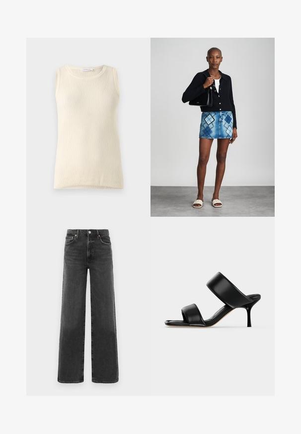 Mouwloze crèmekleurige top met geribbelde textuur en ronde hals. De stof lijkt zacht, met een aansluitende pasvorm en zonder zichtbare patronen of accenten.; Zwarte high-waist straight leg denim jeans met een voorste knoop en ritssluiting, twee voorzakken en twee achterzakken.; Zwarte leren mule sandaal met twee brede banden en een slanke, middelhoog stilettohak op een effen lichte achtergrond.; Zwarte gebreide cardigan, witte top, denimrok met blauw en zwart ruitpatroon, zwarte handtas en beige instapsandalen.