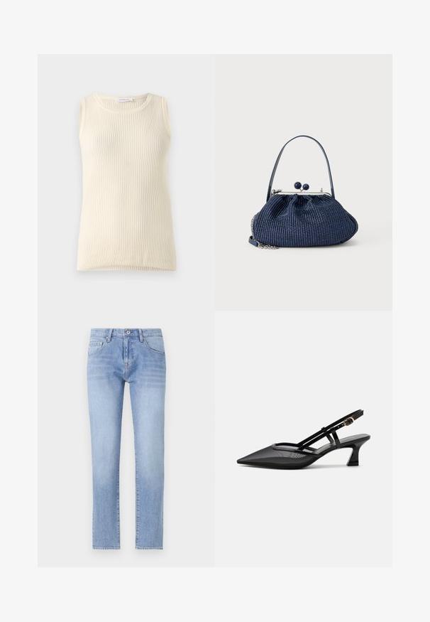 Ärmelloses cremefarbenes Top mit geripptem Muster und Rundhalsausschnitt. Der Stoff wirkt weich, hat eine figurbetonte Form und keine sichtbaren Muster oder Akzente.; Helle blaue Jeans aus Denim mit geradem Schnitt, Fünf-Taschen-Design und heller Wäsche. Verfügt über einen Knopfverschluss und standardmäßige Gürtelschlaufen.; Schwarzer spitzer Slingback-Schuh mit Mesh-Obermaterial, dünnen Riemen, goldener Schnalle und niedrigem, geschwungenem Absatz auf weißem Hintergrund.; Marineblaue Handtasche aus gewebtem Stoff mit rundem Verschluss, kurzem Griff und silbernem Kettendetail vor schlichter hellem Hintergrund.