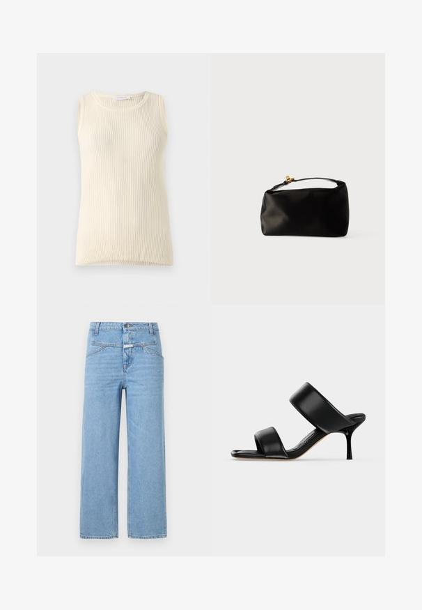 Ärmløs cremefarvet top med ribbet tekstur og rund halsudskæring. Stoffet ser blødt ud, med en tætsiddende form og ingen synlige mønstre eller accenter.; CLOSED STOVER - Jeans Relaxed Fit - light blue; Sort læder mule sandal med to brede remme og en slank mellemhøj stiletthæl på en ensartet lys baggrund.; Sort satinpung med en afrundet form, et håndtag i toppen og en guldaccentlås. Glat tekstur med et minimalistisk design.