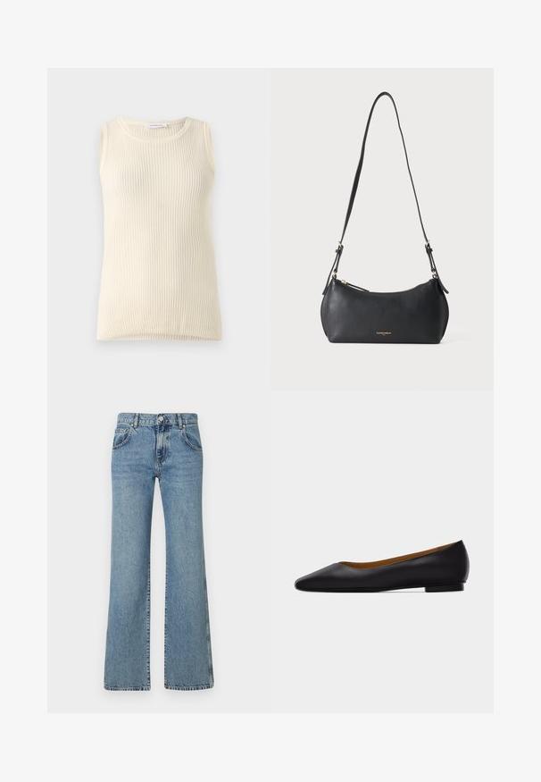 Ärmløs cremefarvet top med ribbet tekstur og rund halsudskæring. Stoffet ser blødt ud, med en tætsiddende form og ingen synlige mønstre eller accenter.; Lyseblå, flagrende jeans i denimstof med en talje med knaplukning, fem lommer og et klassisk syet design.; Sort læder flad sko med spids tå, lav hæl og glat finish, vist fra siden på en lysegrå baggrund.; Lille sort læder skuldertaske med justerbar rem og gyldent lynlås, med subtilt gyldent brandtekst foran.