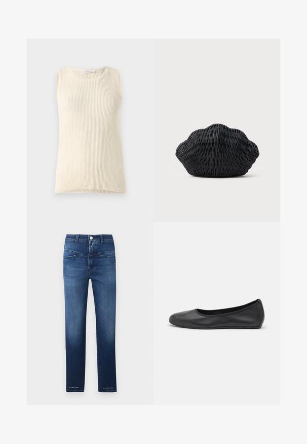 Mouwloze crèmekleurige top met geribbelde textuur en ronde hals. De stof lijkt zacht, met een aansluitende pasvorm en zonder zichtbare patronen of accenten.; CLOSED PEDAL PUSHER - Straight leg jeans - dark blue; Zwarte leren ballerina met een ronde neus, gladde textuur, minimale stikdetails en een flexibele zoolontwerp.; Zwarte gevlochten handtas in de vorm van een sint-jakobsschelp met een gebogen bovenkant en een geweven textuur op een effen achtergrond.