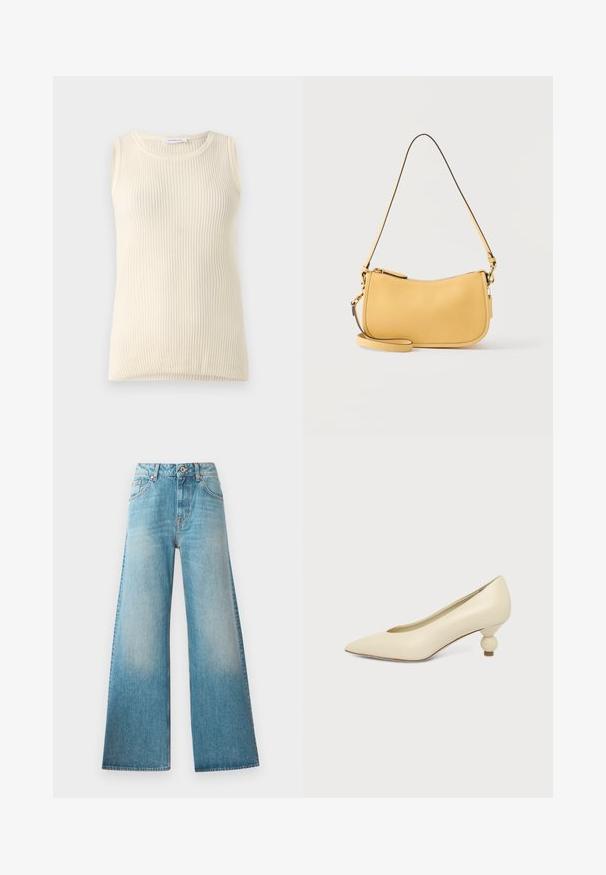 Haut sans manches crème avec une texture côtelée et un col rond. Le tissu semble doux, avec une coupe ajustée et sans motifs ni accents visibles.; Jean large en denim bleu clair avec taille haute, design à cinq poches et décoloration subtile le long des cuisses. Détails en métal couleur cuivre.; Chaussure femme couleur crème à bout pointu avec un petit talon rond en forme de boule, sur fond uni.; Sac à bandoulière en cuir jaune avec fermeture éclair incurvée en haut et bandoulière mince réglable, design minimaliste sur fond uni.