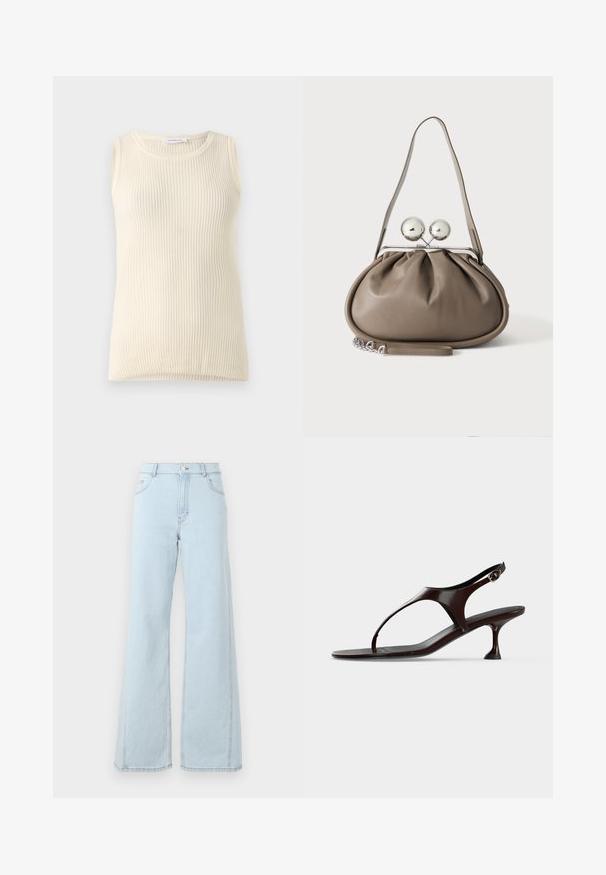 Ärmløs cremefarvet top med ribbet tekstur og rund halsudskæring. Stoffet ser blødt ud, med en tætsiddende form og ingen synlige mønstre eller accenter.; Lysblå denim wide-leg jeans har høj talje, frontlommer og synlige stiksyninger på sømmene og kanten.; Mørkebrun laklædersandal med rem bagpå, lille hæl og tårem på hvid baggrund.; Grå læderhåndtaske med rundet form, toplås med to store sølvkugler og en enkelt strop.