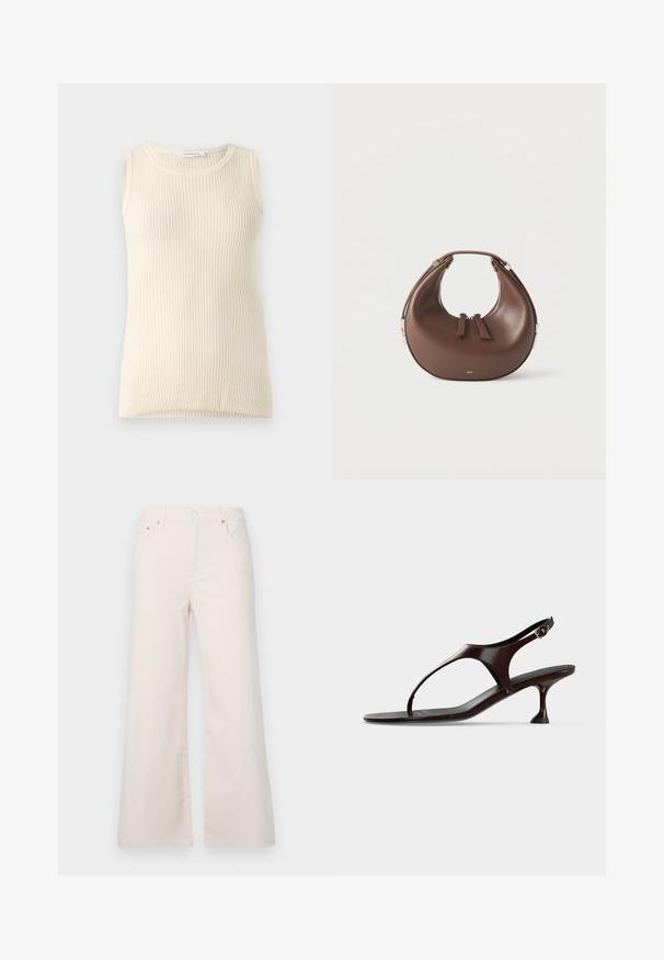Haut sans manches crème avec une texture côtelée et un col rond. Le tissu semble doux, avec une coupe ajustée et sans motifs ni accents visibles.; Pantalons en denim beige clair à jambes larges, taille haute, avec cinq poches et une fermeture à bouton à l'avant. Texture lisse, détails de couture minimalistes.; Sandale slingback en cuir verni marron foncé avec petit talon et bride entre les orteils sur fond blanc.; Sac à main en cuir marron en forme de croissant avec une poignée supérieure et deux curseurs de fermeture éclair, sur fond blanc.