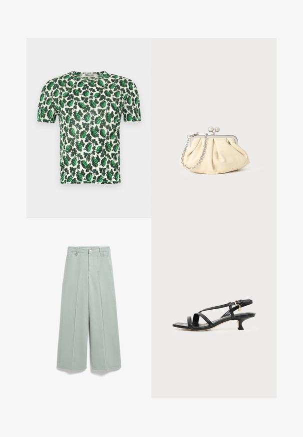 Groene bloemen top met korte mouwen, versierd met grote bladerenpatronen op een witte achtergrond, gemaakt van lichtgewicht, rekbaar materiaal.; Wijde, hoge taille, lichtgroene broek met voorkanten, riemlussen en knoopsluiting, plat gelegd op een witte achtergrond.; Zwarte leren sandaal met smalle bandjes, lage kittenhak, enkelriempje en een klein gouden hangertje tegen een effen lichte achtergrond.; Geplooide beige leren clutch met een zilveren metalen frame, voorzien van twee ronde decoratieve sluitingen en een zilveren kettingriem.