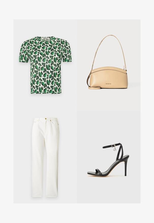 Groene bloemen top met korte mouwen, versierd met grote bladerenpatronen op een witte achtergrond, gemaakt van lichtgewicht, rekbaar materiaal.; Witte denim broek met een rechte pijpdesign, voorzien van een voorste knoopsluiting en subtiele textuur. Inclusief zijzakken en minimale hardware.; Zwarte sandaal met hoge hak, smalle enkelband, vierkante neus, soepel leermateriaal en metalen gespsluiting.; Beige leren handtas met gebogen bovenrand, gouden ketting schouderriem en klein gouden logo centraal aan de voorkant.