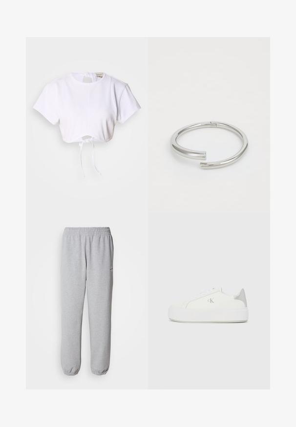 Hvid cropped t-shirt lavet af glat stof. Den har en rund halsudskæring, korte ærmer og en justerbar snoretræk i bunden.; Grå sweatpants lavet af blødt, tekstureret stof. Elastisk talje og manchetter, med et lille logo på venstre side.; Hvide lærredssneakers med en tyk hvid sål, prydet med en metallic sølvaccent på hælen og en diskret logo-detalje på siden.; Calvin Klein SPIRAL - Armbånd - silver-coloured