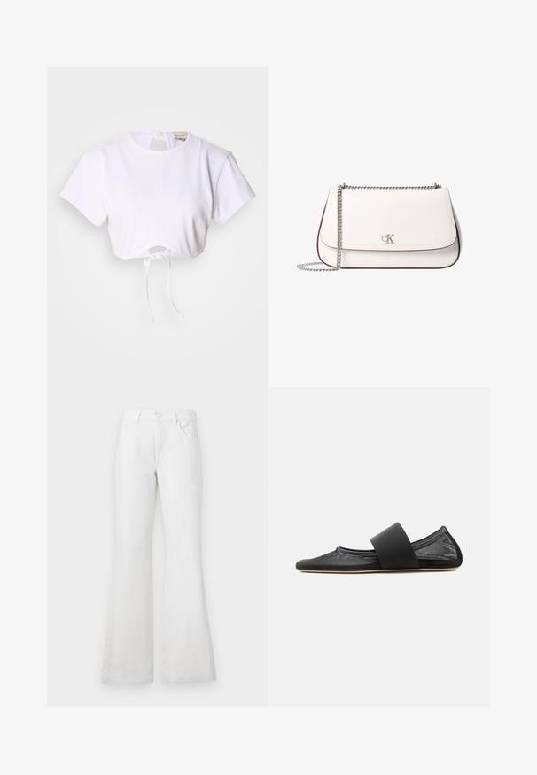 Hvid cropped t-shirt lavet af glat stof. Den har en rund halsudskæring, korte ærmer og en justerbar snoretræk i bunden.; Hvide bukser af denim med flared ben og høj talje, der har forlommer, bæltesløjfer og en klassisk knaplukning. Glat tekstur, afslappet design.; Sort fladsko med netmateriale, rundet tå og bred elastisk rem over vristen, vist i sideprofil på ensartet baggrund.; Hvid skuldertaske i læder med sølvfarvet kæderem og lille "cK" logo på frontklappen.