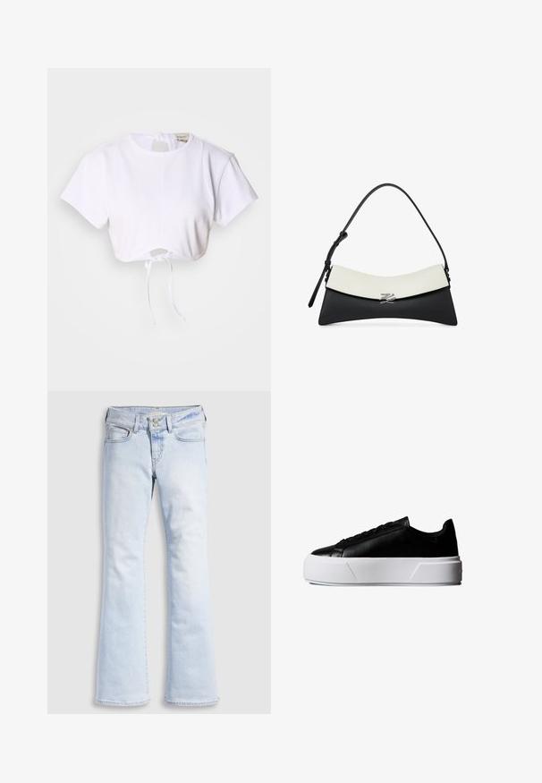 Camiseta blanca corta hecha de una tela suave. Presenta un cuello redondo, mangas cortas y un cordón en la parte inferior para ajustar.; Jeans acampanados de mezclilla azul claro con cintura alta, con cierre de botón, cinco bolsillos y sutiles detalles de desgaste en las caderas.; Zapatilla negra de corte bajo con suela blanca gruesa de plataforma y cordones negros, vista lateral sobre fondo blanco.; Bolso de hombro de cuero blanco y negro con solapa curva y un pequeño broche plateado con logo en la parte delantera.