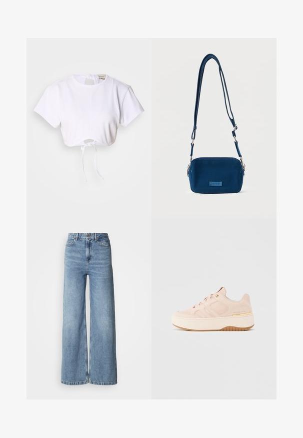 Camiseta blanca corta hecha de una tela suave. Presenta un cuello redondo, mangas cortas y un cordón en la parte inferior para ajustar.; Vaqueros de mezclilla azul claro de pierna ancha, con cintura alta, diseño de cinco bolsillos y dobladillos sin rematar. Textura suave con acabado descolorido.; Zapatilla deportiva de plataforma en rosa rubor con cordones delanteros, detalles de paneles cosidos y una suela gruesa beige con dibujo marrón.; Bolso bandolera rectangular pequeño azul marino con correa ajustable y etiqueta frontal que muestra el logo de Calvin Klein.