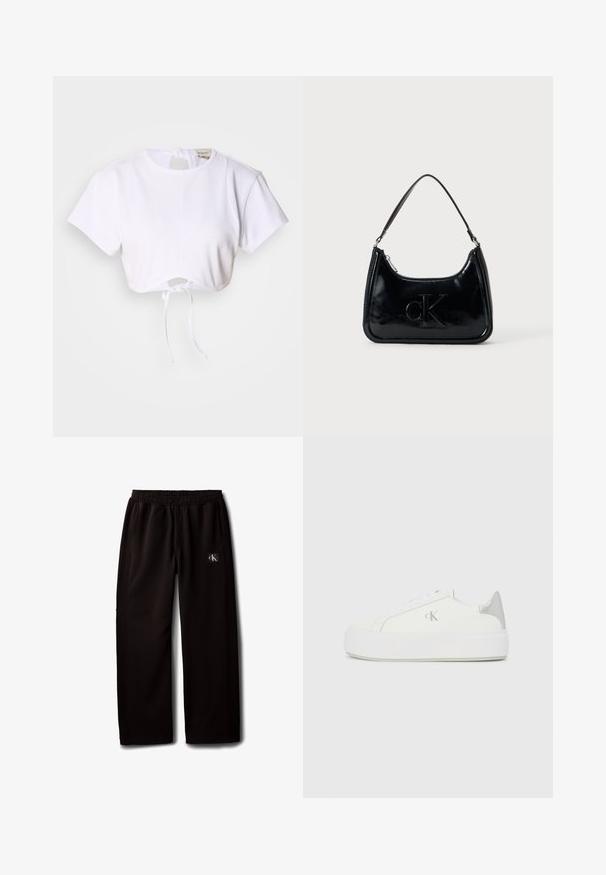 Camiseta blanca corta hecha de una tela suave. Presenta un cuello redondo, mangas cortas y un cordón en la parte inferior para ajustar.; Pantalones negros de pierna ancha con cintura elástica y bolsillos laterales, con un pequeño parche con el logo de Calvin Klein en el muslo derecho.; Zapatillas de lona blancas con una suela blanca gruesa, presentan un acento metálico plateado en el talón y un sutil detalle del logo en el lateral.; Bolso de mano de piel sintética negra con un asa curvada en la parte superior, cierre de cremallera y logo "cK" en relieve en el frente. Textura suave, forma estructurada.