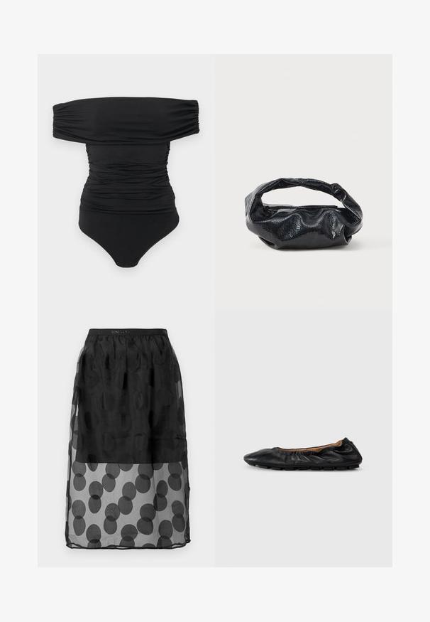 Sort off-shoulder ruched bodysuit med trykknapper i skridtet, lagt fladt på en hvid baggrund.; Sort transparent nederdel med tekstureret taljebånd, dekoreret med store, overlappende sorte prikker på et semitransparent stof.; Sort læder balletflade med samlet detaljering ved kraven, rund tå og fleksibel gummisål. Glat tekstur hele vejen igennem.; Sort taske lavet af blankt, tekstureret materiale med et cirkulært, snoet håndtag og lynlås. Har et blødt, rynket design.