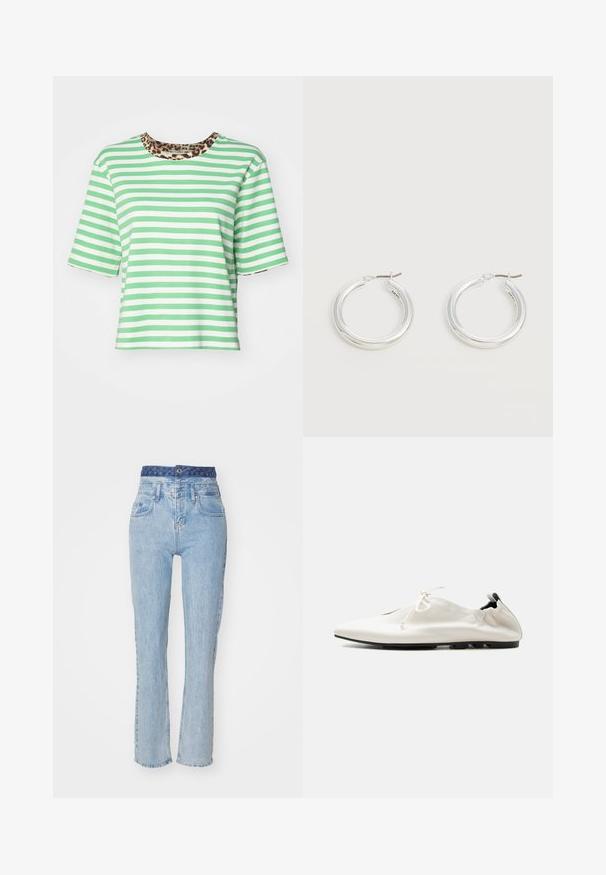 T-shirt à manches courtes rayé vert et blanc avec un col en imprimé léopard. Fabriqué en tissu doux avec une coupe décontractée.; Jeans en denim bleu clair avec une taille haute, des jambes légèrement évasées et une ceinture bleue à motifs. Possède des poches avant et une fermeture à bouton.; Chaussure blanche minimaliste en cuir à enfiler avec talon rentré, fermeture à lacets et semelle fine noire sur fond uni.; Paire de boucles d'oreilles créoles moyennes argentées brillantes avec de fines attaches métalliques sur un fond clair et neutre.