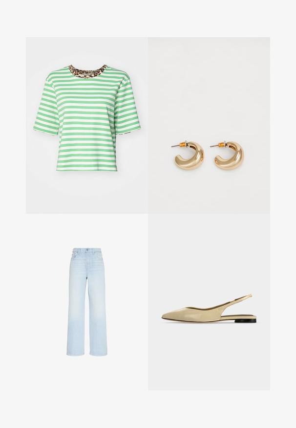 T-shirt à manches courtes rayé vert et blanc avec un col en imprimé léopard. Fabriqué en tissu doux avec une coupe décontractée.; Jean large taille haute bleu clair avec fermeture boutonnée et zippée devant, passants de ceinture, poches avant et arrière.; Chaussure plate beige à bout pointu avec bride arrière, petit talon noir et finition en cuir lisse, vue de côté sur un fond uni.; Deux boucles d'oreilles en forme de cerceau en or brillant, avec un design courbé, présentant des accents orange près de la tige, sur fond blanc uni.