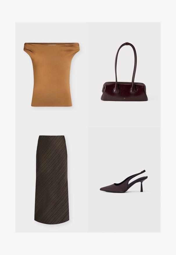 Haut marron ajusté à épaules dénudées avec un léger froncé au niveau de l'encolure, présenté sur un fond clair uni.; Jupe trapèze marron foncé avec des rayures noires diagonales, longueur midi, et une ceinture simple.; Chaussure à talon slingback en tissu violet foncé. Design à bout pointu, côtés ouverts, et talon mince de forme carrée. Texture lisse.; Sac à main en cuir brun foncé brillant avec de longues anses fines et une base rectangulaire structurée sur un fond clair uni.
