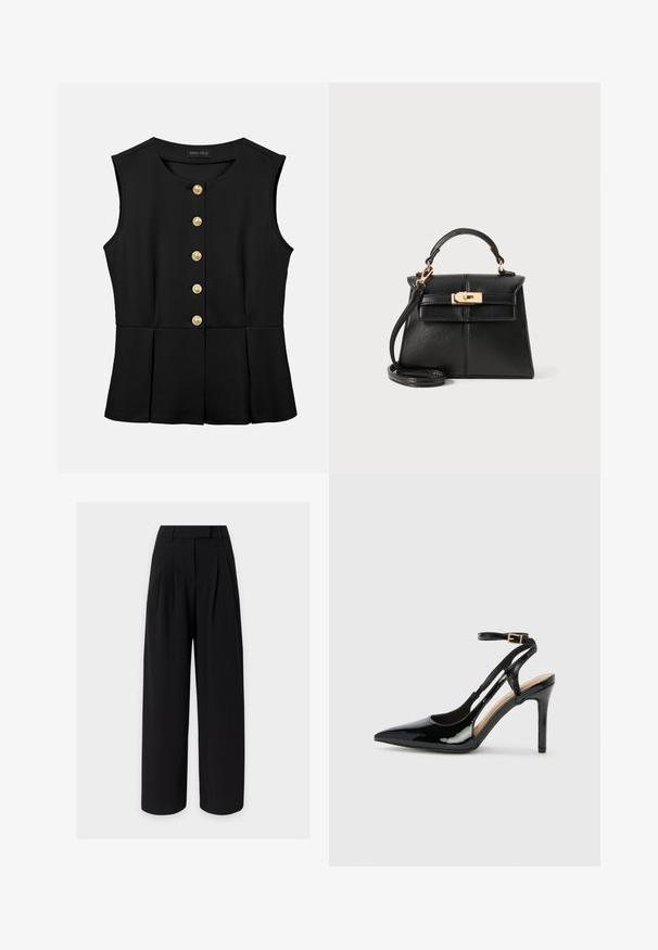 Blouse noire sans manches avec encolure ronde, boutons dorés sur le devant et détails légèrement évasés à la taille, marque Anna Field.; Pantalon noir à jambes larges avec plis devant, passants de ceinture et taille haute sur fond gris clair.; Escarpin en cuir verni noir à talon haut, avec un bout pointu, une bride réglable à la cheville et des côtés ouverts. Texture lisse.; Sac à main en cuir noir au design structuré, avec anses supérieures, une bandoulière amovible et des garnitures en ton doré sur une fermeture magnétique.