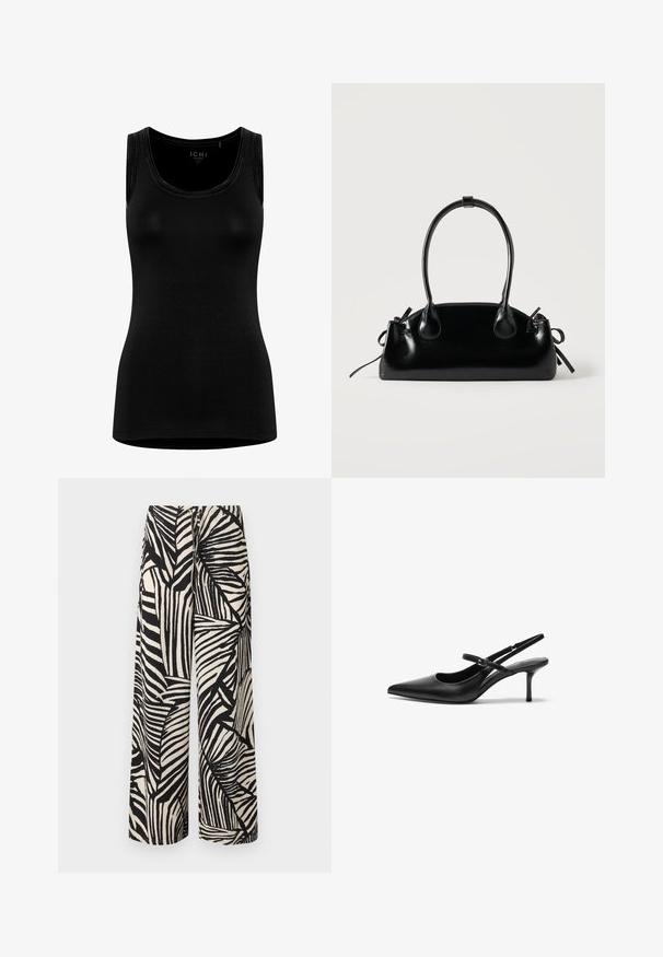 Débardeur noir sans manches en tissu doux et extensible. Présente un col rond et un design minimaliste sans marque visible.; Pantalon à jambes larges avec un motif abstrait de rayures zèbre noir et blanc cassé et un cordon à nouer à l'avant à la taille.; Talons aiguilles noires en cuir avec un bout pointu, une fine bride réglable, et un talon aiguille d'environ 5 cm, texture lisse.; Petit sac à main noir brillant avec deux longues anses et des détails à cordon sur les côtés sur un fond clair uni.
