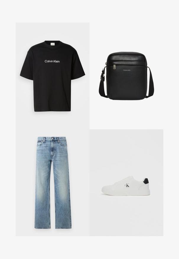 Μαύρο βαμβακερό T-shirt με κοντά μανίκια, που διαθέτει στο μπροστινό μέρος το λογότυπο "Calvin Klein" σε λευκό χρώμα και κλασική στρογγυλή λαιμόκοψη.; Ανοιχτό μπλε τζιν παντελόνι με ίσια γραμμή και ψηλή μέση, πέντε τσέπες, κούμπωμα με κουμπί και διακριτικό ξεθώριασμα στους μηρούς και τα γόνατα.; Λευκό αθλητικό παπούτσι με λείο δερμάτινο επάνω μέρος, στρογγυλή μύτη, μαύρη λεπτομέρεια στη φτέρνα και λογότυπο "CK" στο πλάι. Διαθέτει σχέδιο με κορδόνια και επίπεδη σόλα.; Μαύρη τσάντα Calvin Klein χιαστί με ρυθμιζόμενο λουράκι, μπροστινή τσέπη με φερμουάρ και διακριτικό λογότυπο σε υφή δέρματος.