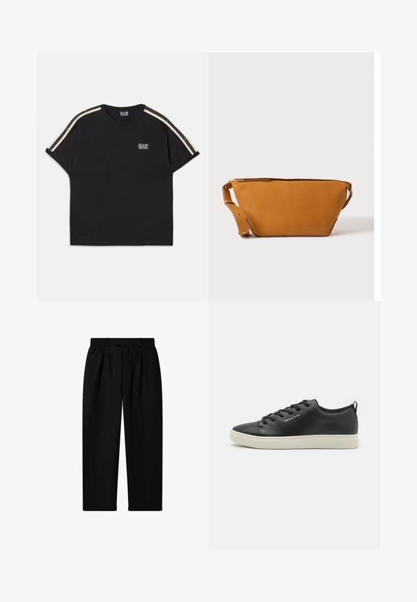 Schwarzes Baumwoll-T-Shirt mit kurzen Ärmeln. Besitzt kontrastierende sandfarbene Streifen auf den Schultern und ein kleines Markenlogo auf der Brust.; Schwarze gerade geschnittene Hosen mit elastischem Bund und Gürtelschlaufen, vorderen Falten und verdecktem Frontverschluss.; Schwarze Leder-Sneaker mit runder Zehenpartie, kontrastierender weißer Gummisohle, sechs Ösen Schnürverschluss und dezenter Markenkennzeichnung an der Seite.; Hellbraune Leder-Umhängetasche mit verstellbarem Schulterriemen und Reißverschluss, vor einem schlichten hellen Hintergrund gezeigt.