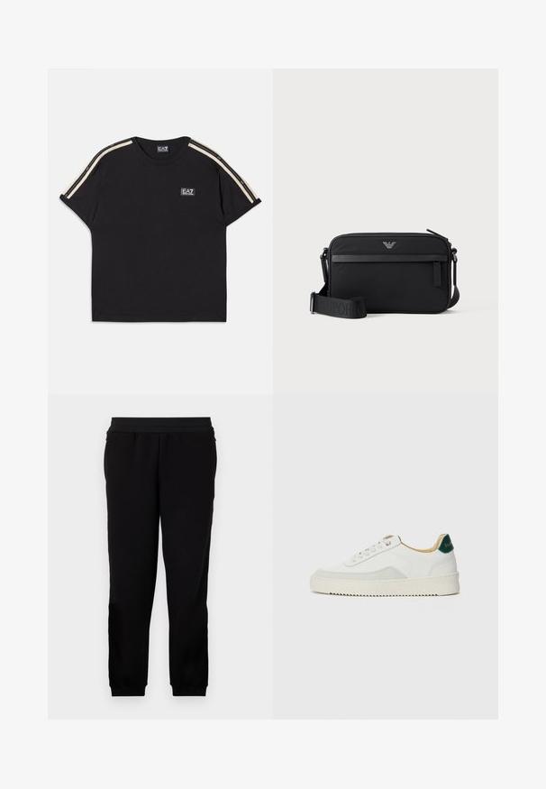 Sort bomulds T-shirt med korte ærmer. Har kontrasterende brune striber på skuldrene og et lille mærkede logo på brystet.; Sorte sweatpants lavet af et blødt materiale, med et elastisk liv, tætsiddende manchetter og sidelommer for ekstra bekvemmelighed.; Hvide sneakers med ruskindsdetaljer, rund tå, flade snørebånd og en cremet gummisål. Har grøn branding på hælen.; Sort rektangulær crossbody-taske med lynlåslomme foran, justerbar rem og lille metallogo øverst i midten.