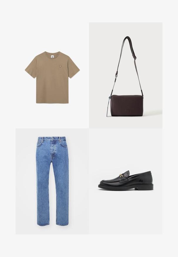 Tan kortærmet crewneck t-shirt med lille rundt logo-patch, der har et hvidt "W" på venstre bryst.; Won Hundred STEVE - Jeans Relaxed Fit - cut blue; Sorte læder loafers med en rund tå, der har guld hardware accent og syningsdetaljer, placeret på en lav, tekstureret gummisål.; Mørkebrun textured læder crossbody taske med justerbar rem og lille dekorativ blå accent på siden.