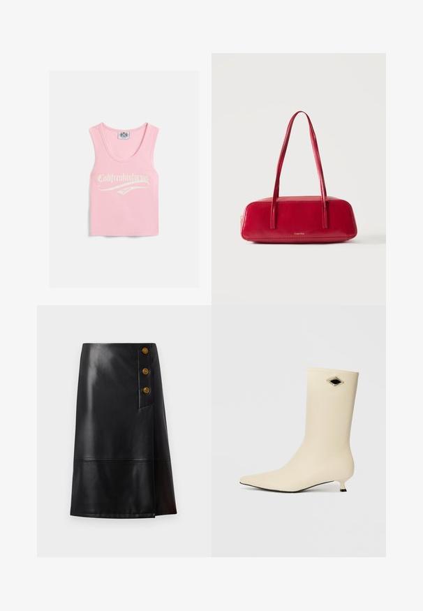 Roze geribbelde tanktop met een ronde halslijn, voorzien van witte tekst met de opdruk "Califreakinfornia Juicy" aan de voorkant.; Zwarte leren rok met een knielange snit, voorzien van een zijwaartse knoopsluiting met drie gouden knopen en een naaddetail nabij de zoom.; Crème kleurige enkellaars van glad materiaal, met een spitse neus, kitten heel en zwart diamantvormig accent.; Rode rechthoekige handtas met lange banden en klein gouden "Calvin Klein" logo aan de voorkant, getoond tegen een effen witte achtergrond.