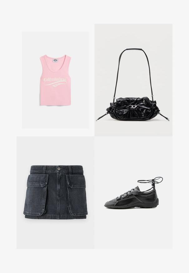 Roze geribbelde tanktop met een ronde halslijn, voorzien van witte tekst met de opdruk "Califreakinfornia Juicy" aan de voorkant.; Zwarte denim rok met een aansluitende taille, knoopsluiting, twee grote voorzakken en contrasterende stiksel details.; Zwarte leren sneaker met witte stiksels en enkellinten die rondom gewikkeld zijn, zijaanzicht op een grijze achtergrond.; Zwarte leren handtas met een geplooid design en een strikdetail aan de voorkant. Voorzien van een korte handgreep en zilverkleurige metalen accenten.