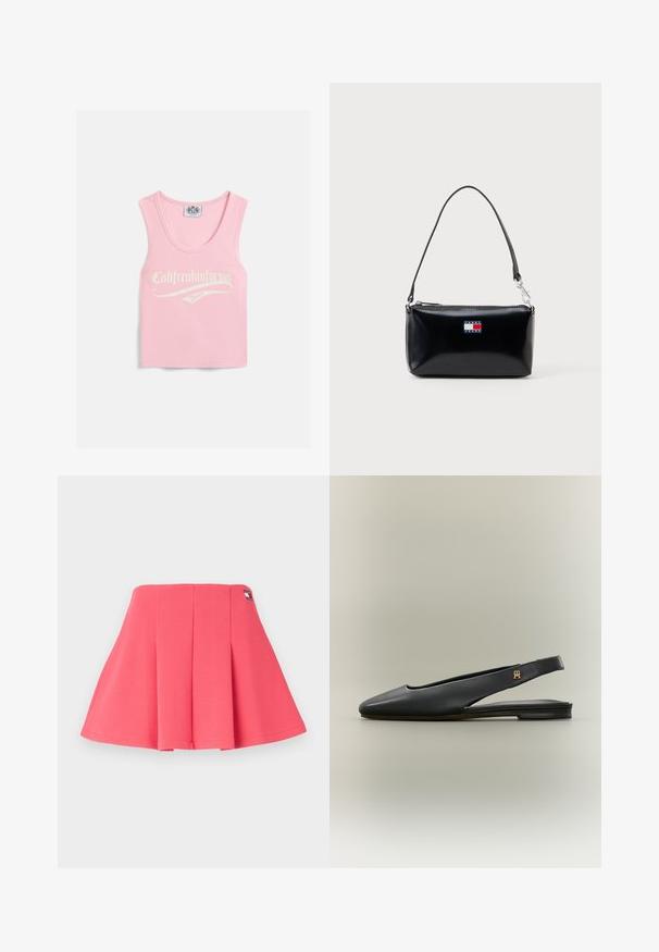 Roze geribbelde tanktop met een ronde halslijn, voorzien van witte tekst met de opdruk "Califreakinfornia Juicy" aan de voorkant.; Roze geplooide rok van zacht katoen, met een aansluitende taille en een logotag aan de zijkant, met een uitlopende vorm die naar buiten toe wijkt.; Zwarte leren slingback platte schoen met spits toelopende neus en gouden logo-accent op het bandje, weergegeven op een neutrale achtergrond.; Zwarte rechthoekige schoudertas met korte strap en Tommy Jeans-logo in rood, wit en blauw op de voorkant in het midden.
