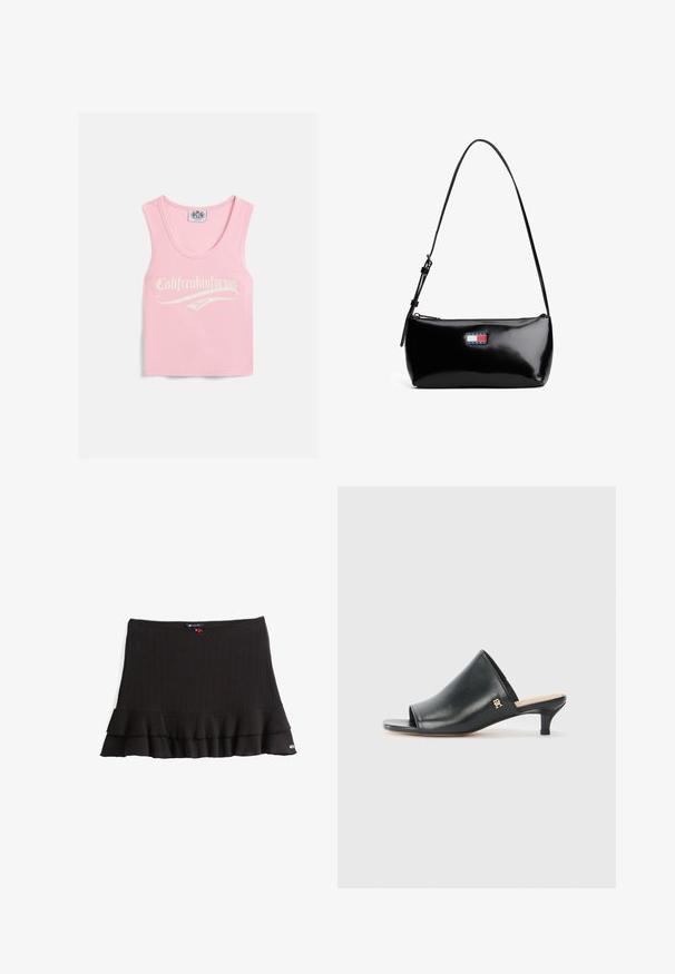 Lyserød ribbet tanktop med en rund udskæring, der har hvid tekst, hvor der står "Califreakinfornia Juicy" på forsiden.; Sort strikkjort med ribbet tekstur, flæsekant og en dekorativ rød accent ved taljen. Har en tætsiddende silhuet.; Sorte læder open-toe mules med en lav hæl. Har en glat overflade og et guld logo-prim på siden.; Sort patenteret læder skuldertaske med en buet rem, lynlåslukning og et rektangulært logo patch i rød, hvid og blå.